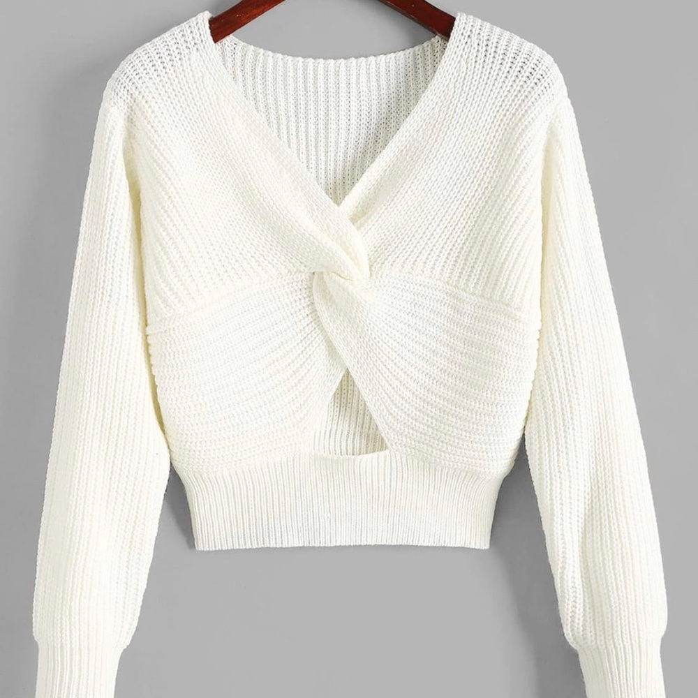 Women's V-Neck Criss Cross Twisted Back Pullover Knitted Crop Sweater Tops
